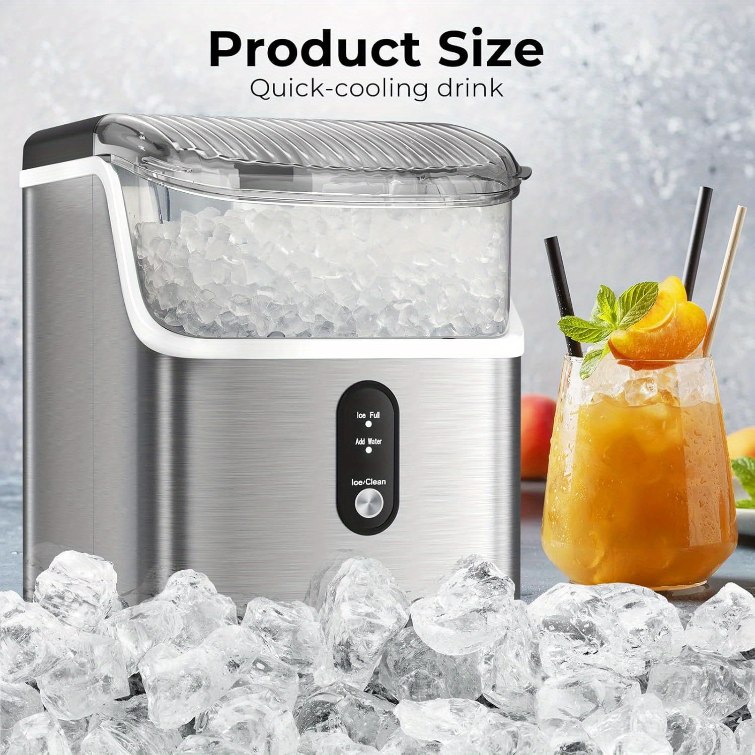 Countertop Nugget Ice Maker, 26/35 Lbs Daily Output, Pebble/Sonic/Bullet/Cube Ice, Self-Cleaning, with Ice Scoop & Basket, Silver Stainless Steel, for Home Kitchen Use