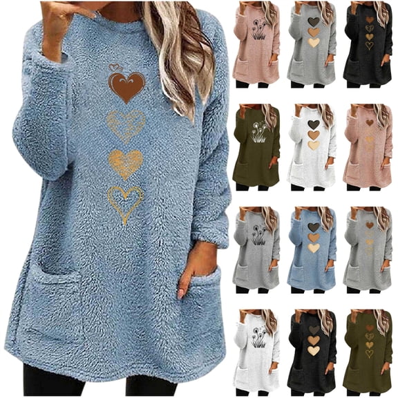 lcziwo Women's Fuzzy Fleece Loungewear Casual Loose Crewneck Pullover Warm Long Sleeve Shirts Cute Heart Print Tunic Tops with Pockets, White, S