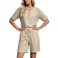 thumbnail image 6 of Women's Half Placket V Neck 3/4 Sleeve Top Drawstring Pocket Bermuda Shorts 2 Piece Outfit, Solid Summer Beach Casual Matching Set Beige XL(XL), 6 of 7