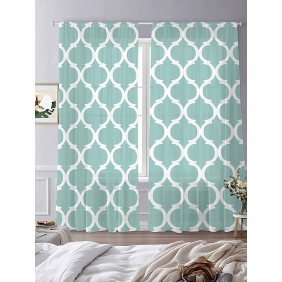 Turquoise Morocco Sheer Curtains 108 inches Long 2 Panels Set Trellis Cyan Geometric Abstract Tiers Sheers Rod Pocket Small Window Short Curtains for Kitchen Cafe, Each 52" W x 108" L