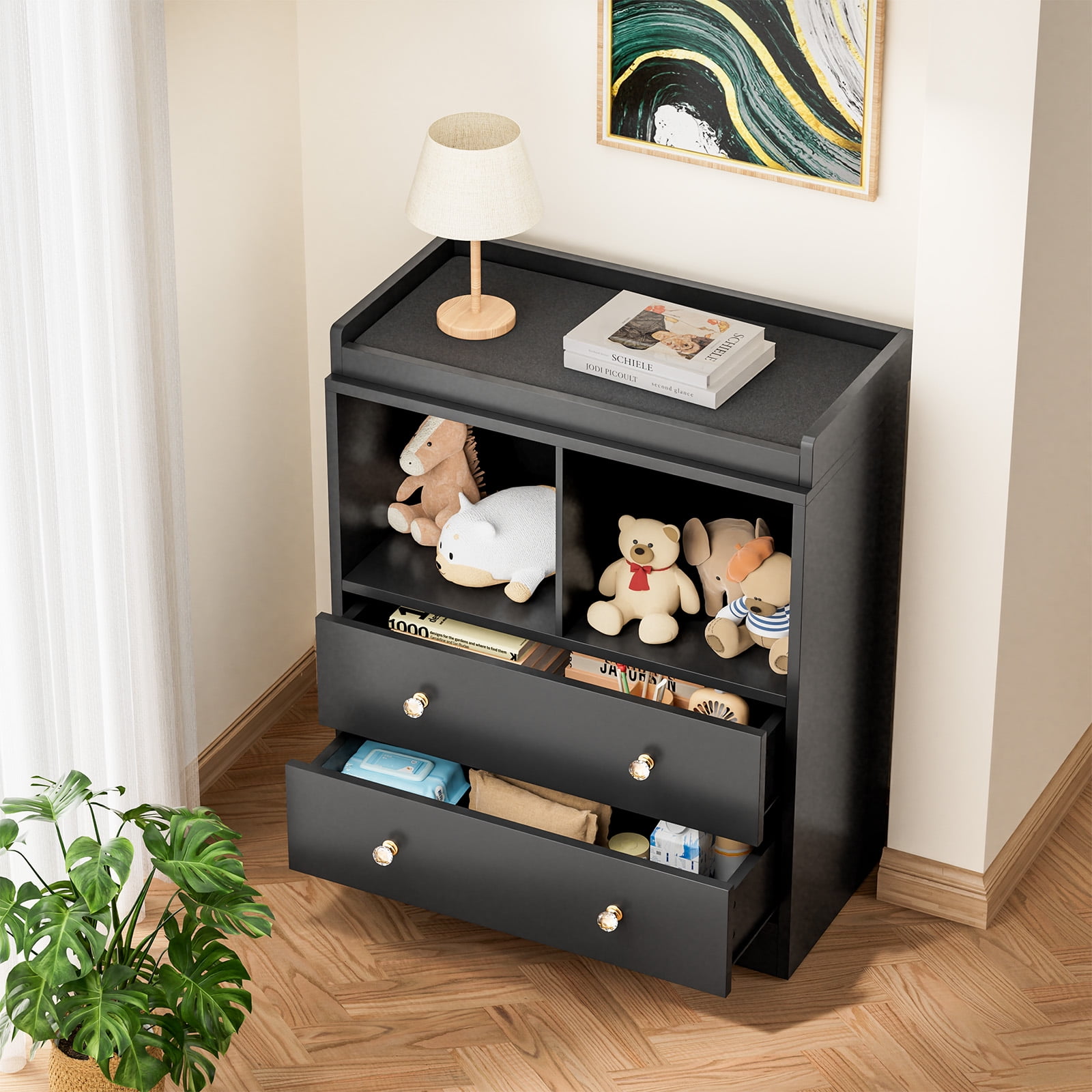 Roromall Changing Table with Pad, 2 Drawers and 2 Open Compartments for Nursery Room with Modern Diaper Changing Station, Bedroom