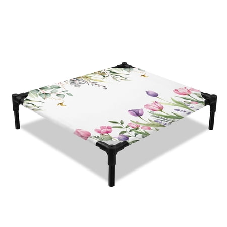 Spring Floral Elevated Dog Bed Watercolor Spring Pink Purple Tulip Teal Eucalyptus Leaf Cooling Breathable Outdoor Raised Dog Cot Bed with Metal Frame Non-Slip Feet for Small Dog 20x20in