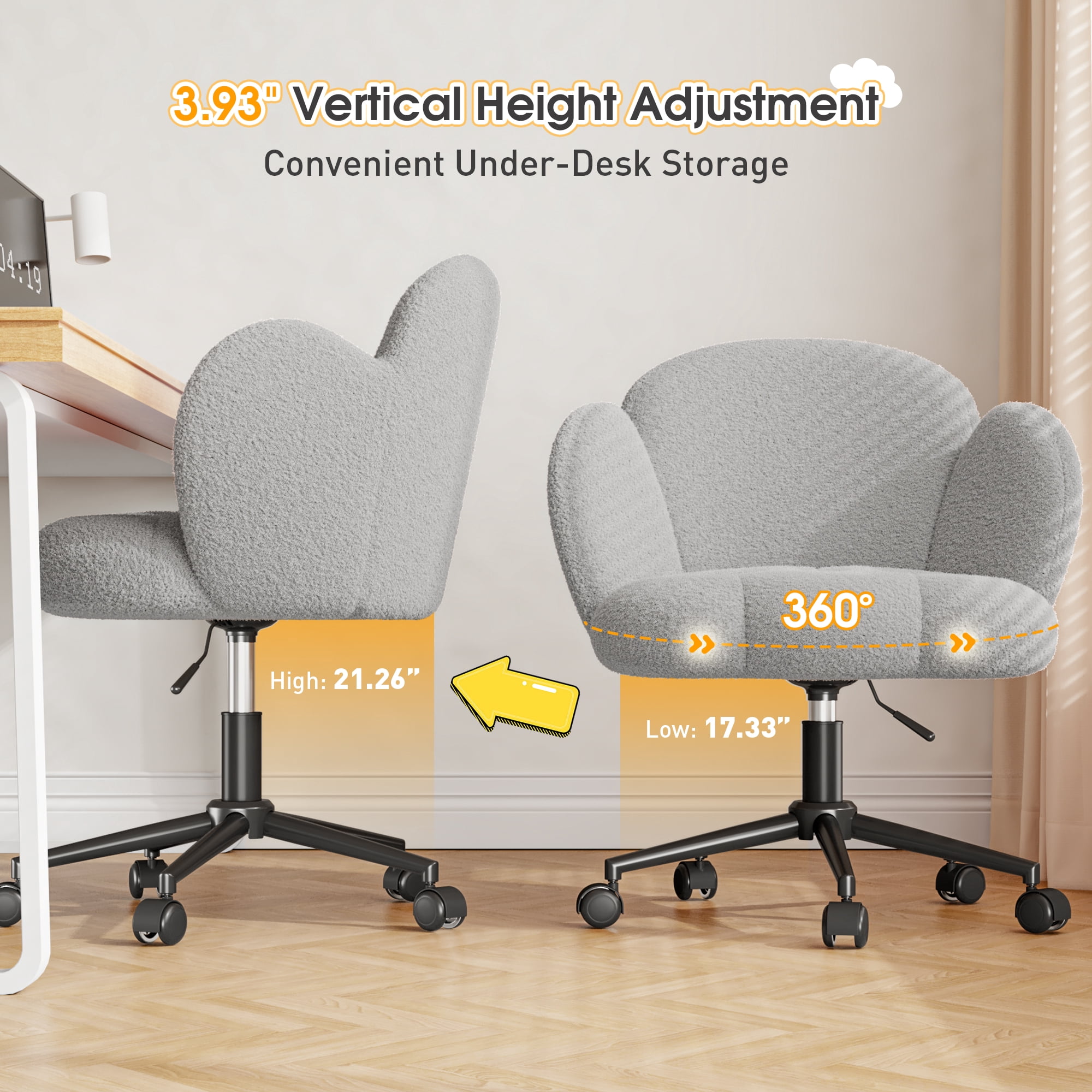 Romorgniz Vanity Chair with Back & Wheels Upholstered Desk Chair Height Adjustable Teddy Velvet Computer Task Chairs for Home Office, Gray