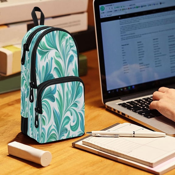 Backpack Pencil Case, 3 Compartment Large Capacity Oxford Fabric Pencil Pouch / Teal Swirl Damask Pattern