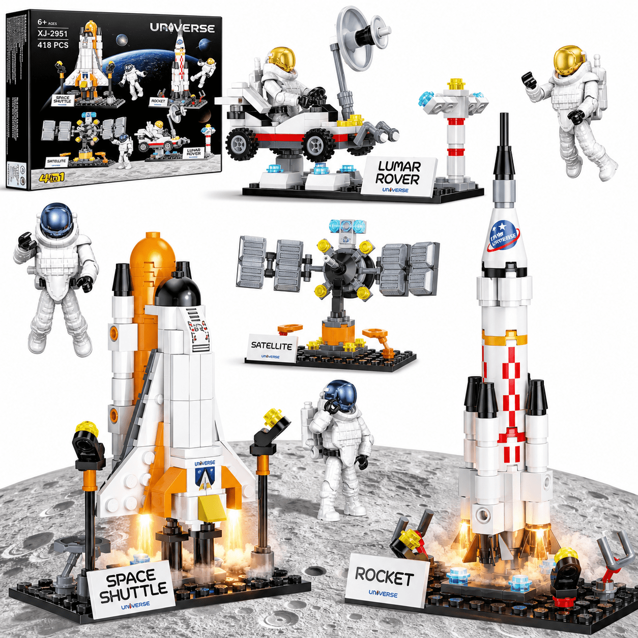 4 in 1 Space Exploration Shuttle Building Blocks for 6 7 8 9 10 11 12 Year Old Kids, STEM Rocket Spaceship Construction Toy Kit with 4 Astronauts, Airplane Set, Gift idea for Ages 6 +, 418 Pcs