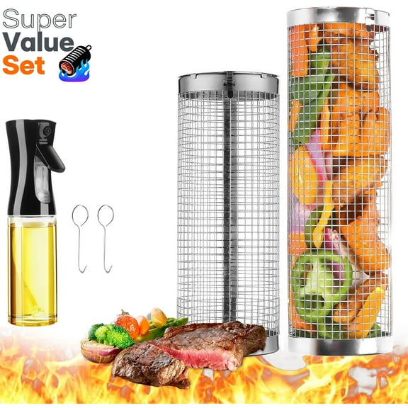 Asunby 2Pack Rotating Grill Baskets - 12-Inch & 8-Inch Stainless Steel Mesh, Bonus Hook & Oil Sprayer - BBQ Tools for Outdoor, Camping, Shrimp & Meat