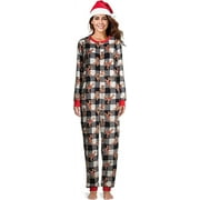 MJC Women's Rudolph Shine Bright Fleece Plaid Onesie Sleepwear With Santa Hat, Arctic White