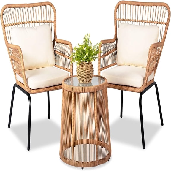 3-Piece Outdoor Wicker Furniture Bistro Set, PE Rattan Patio Chairs with Cushions and Glass Top Side Table, Yellow/Beige