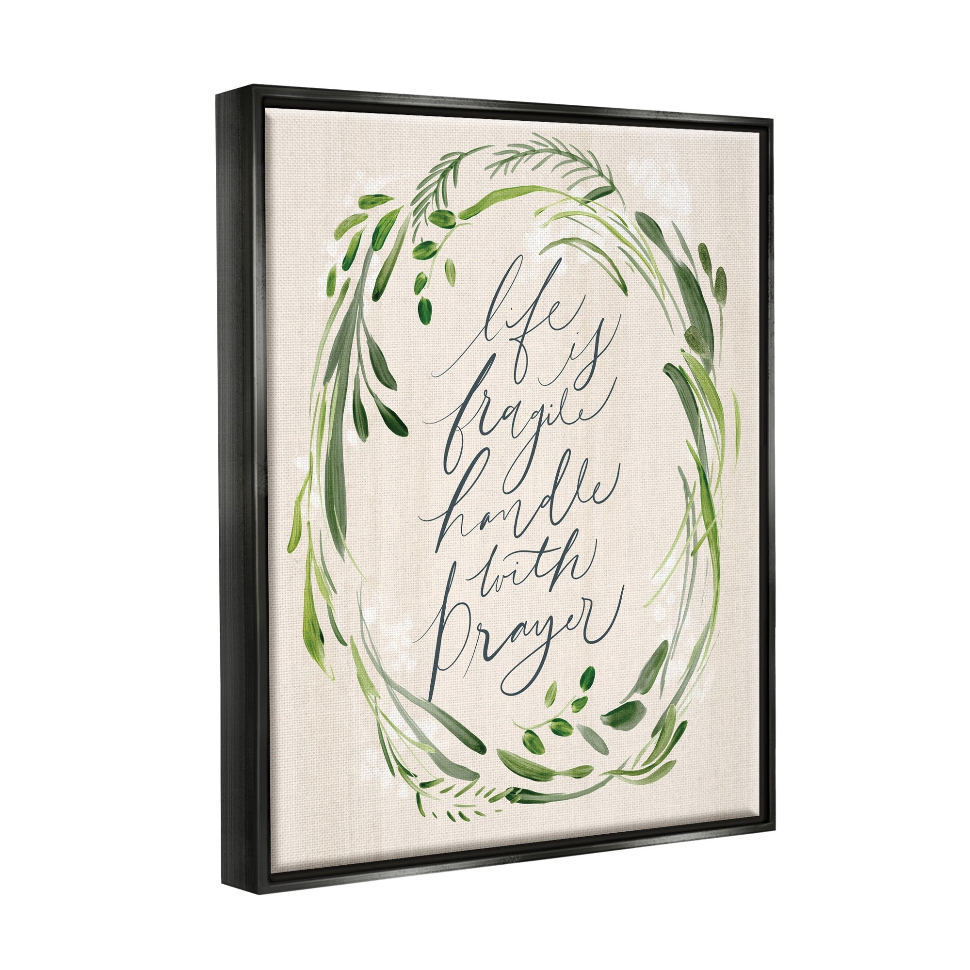Stupell Industries Religious Prayer Phrase Script Botanical Leaf Border Graphic Art Metallic Gold Floating Framed Canvas Print Wall Art, Design by Caverly Smith