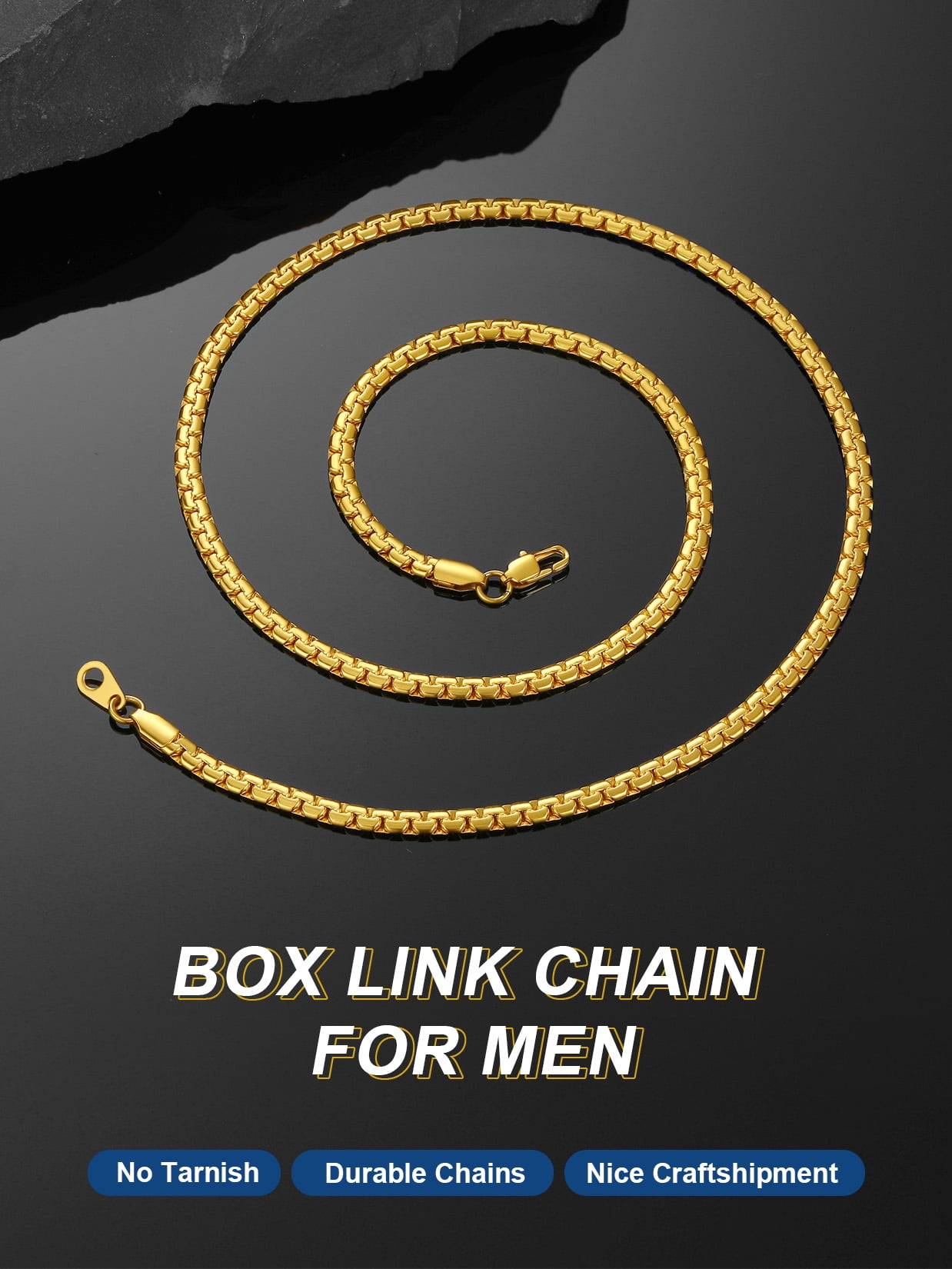 ChainsProMax Gold Plated Flat Box Chain for Men Necklace Stainless Steel 26inch 4mm Hip Hop Jewelry