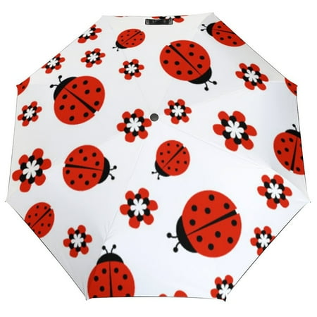 

ANYWAY.GO Windproof & Water-Resistant Compact Foldable Travel Umbrellatotes Ladybugs Red Flowers White Portable Travel Umbrella，Diameter 42.5 in