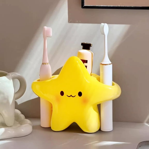 Star Shaped Toothbrush Holder - Creative Bathroom Organizer for Toothbrush and Toothpaste, Washbasin Storage Rack with Drain Holes, Decorative Ornament for Countertop