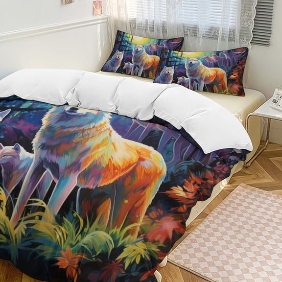 Wolves in The Moonlight Duvet Cover Set King Size for Bedroom Decoration Print Bedding Set Comforter Cover Decorative Microfiber with 2 Pillow Sham Multicolor