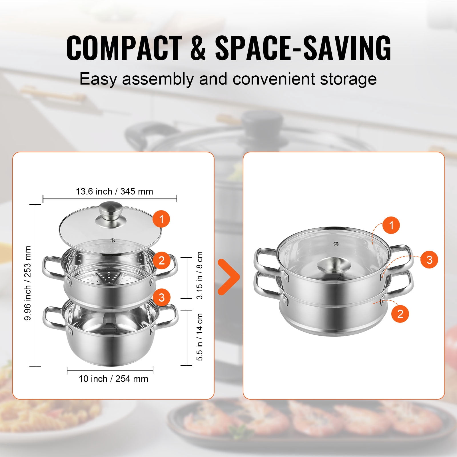 KFFKFF Steamer Pot, 9.5in/24cm Steamer Pot for Cooking with 5QT Stock Pot and Vegetable Steamer, Food-Grade 304 Stainless Steel Food Steamer Cookware with Lid for Gas Electric Induction Grill Stove