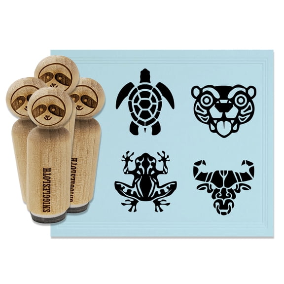 Stylized Tribal Tattoo Animals Bull Frog Turtle Tiger Rubber Stamp Set for Scrapbooking Crafting Stamping - Mini 1/2 Inch