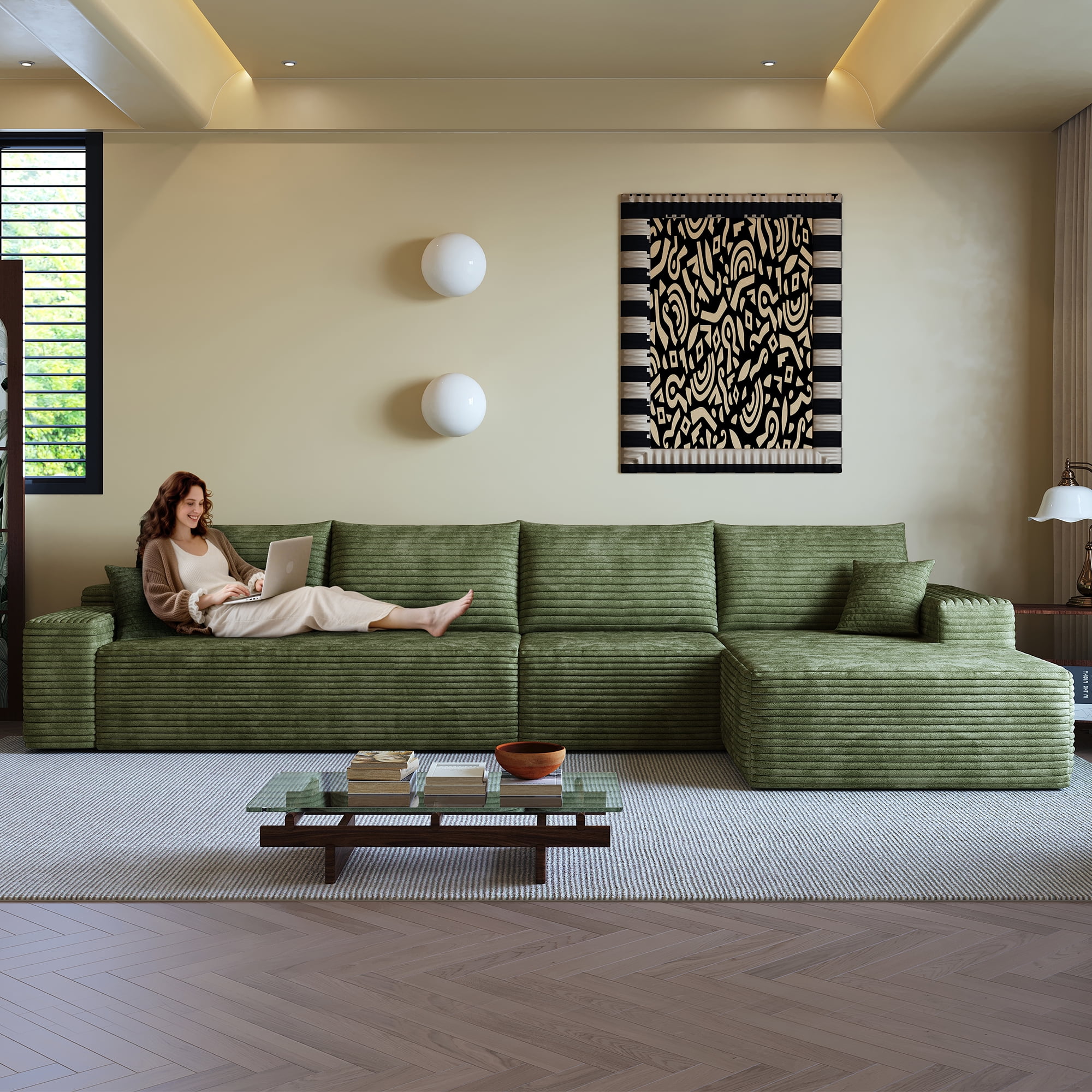 MAYEERTY 135" Cloud Sectional Couch with L-Shape Chaise, Modern Modular Deep Seat Sofa, No Assembly Plush Corduroy Fabric, Green (3 packages)