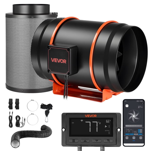 VEVOR Inline Duct Fan Kit Carbon Filter, 807 CFM 8 inch EC Motor Exhaust Ventilation Fan with 10-Speed, PWM Controller, App Control, Timer, Cooling for Grow Tent