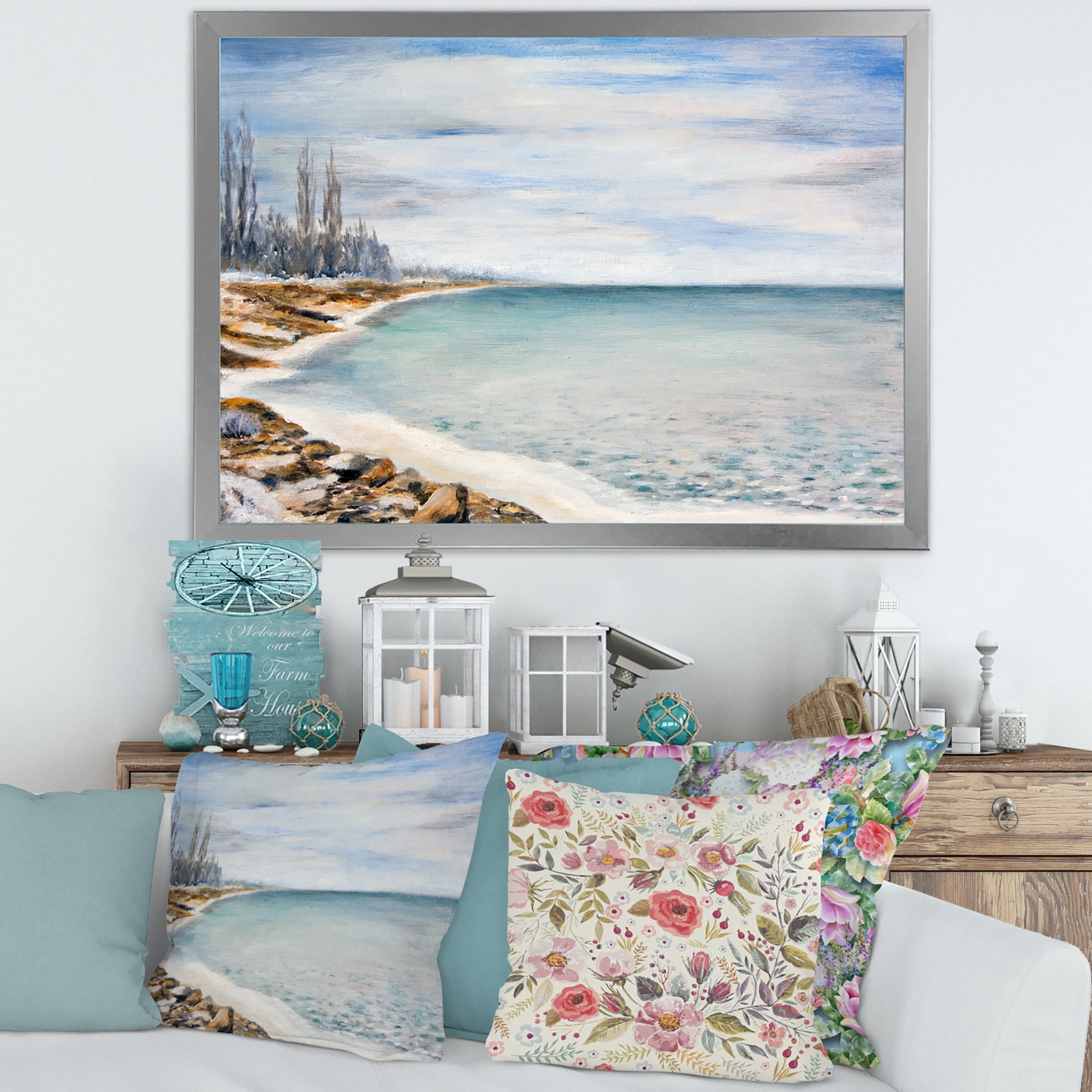Designart 'Beach Is Covered With Ice' Nautical & Coastal Framed Art Print