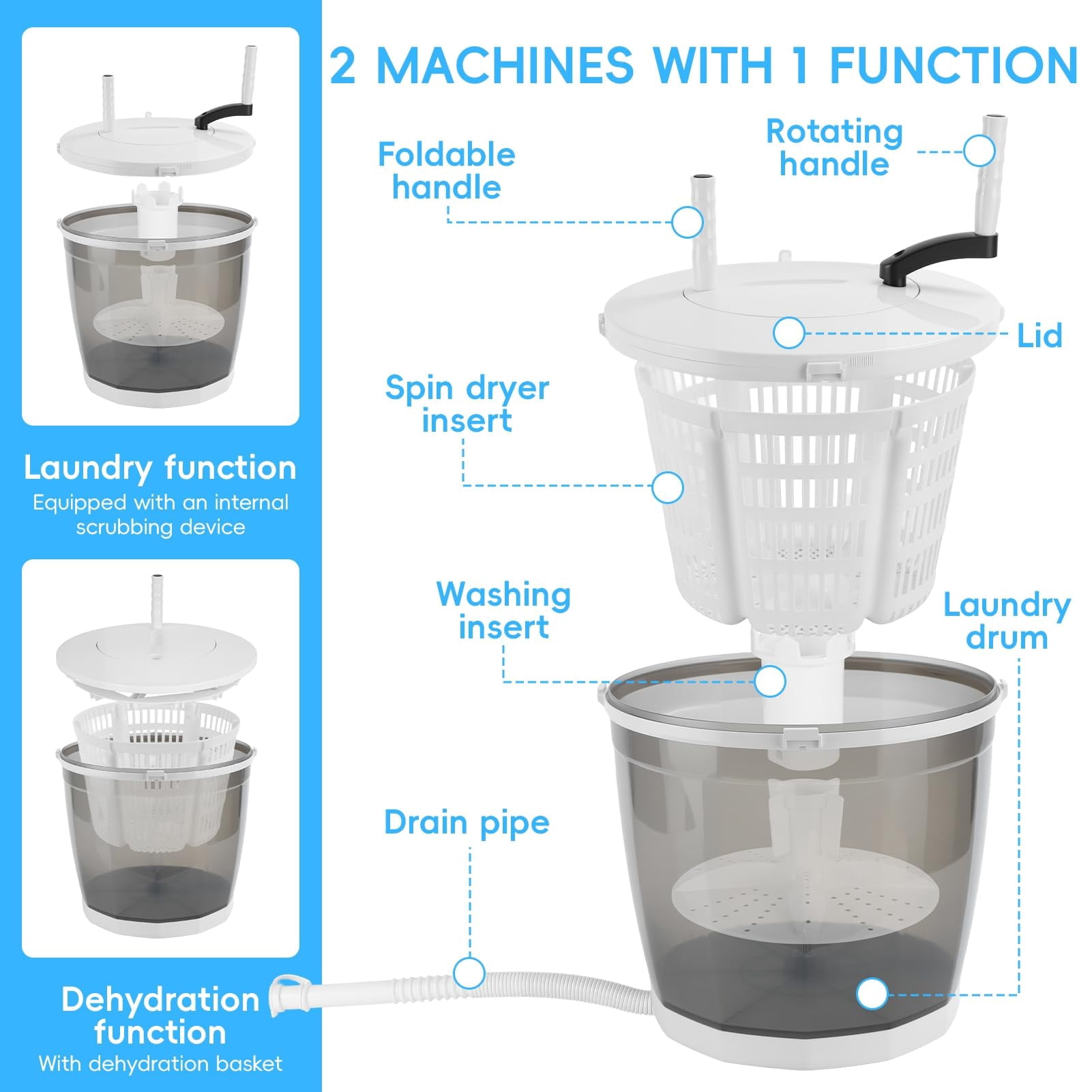 2 in 1 Portable Manual Washing Machine,No Electricity Needed, Suction Cup Base,4.4lbs Wash Capacity,Portable Washer & Spin Dryer for Camping, Dorm, Travel