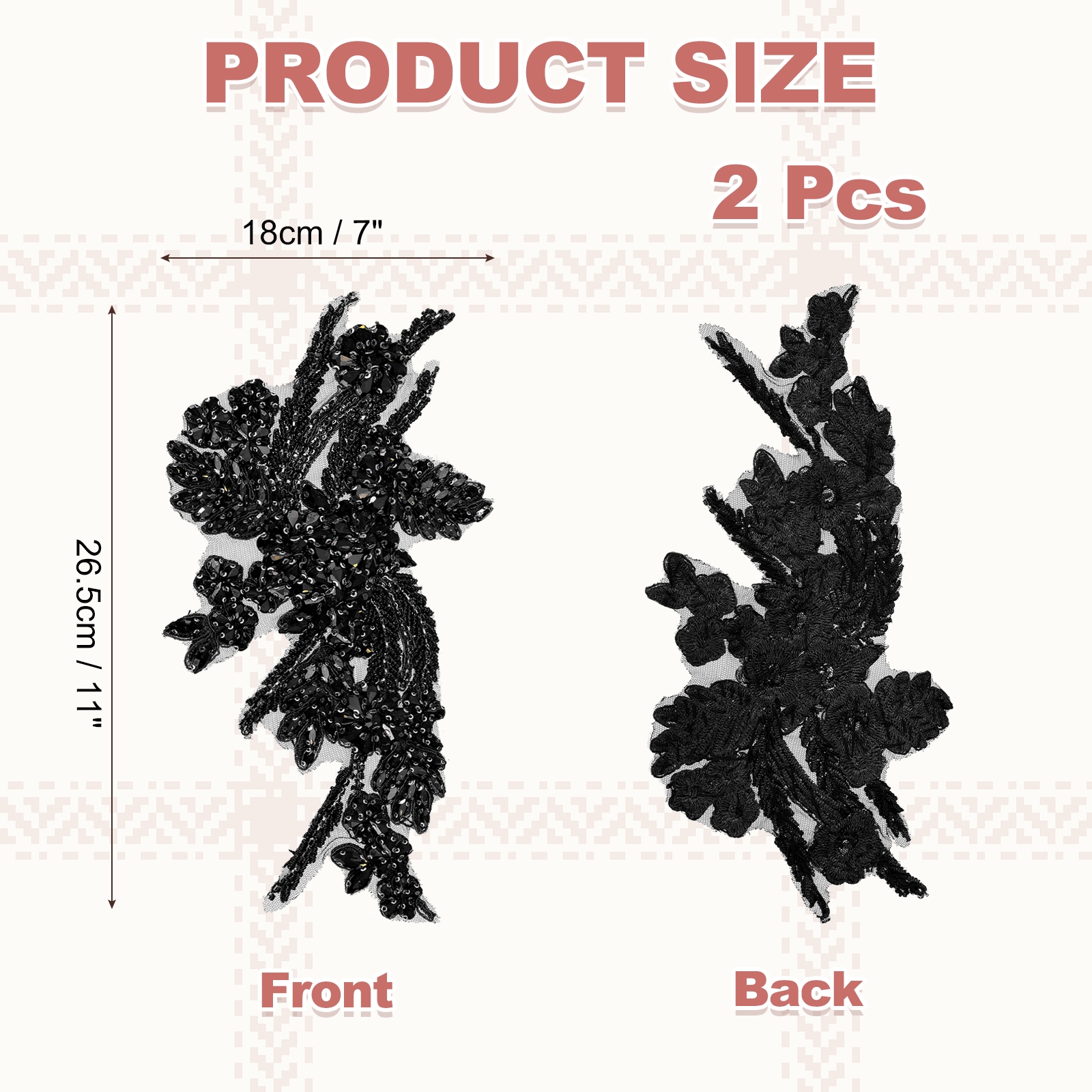 Uxcell 2Pack Rhinestone Applique Patches, 11 x 7 Inches Black Lace Embroidery Patches Sew on Rhinestone Beaded Sequins for Sewing Making Dresses Wedding Banquet Evening Gown Decoration