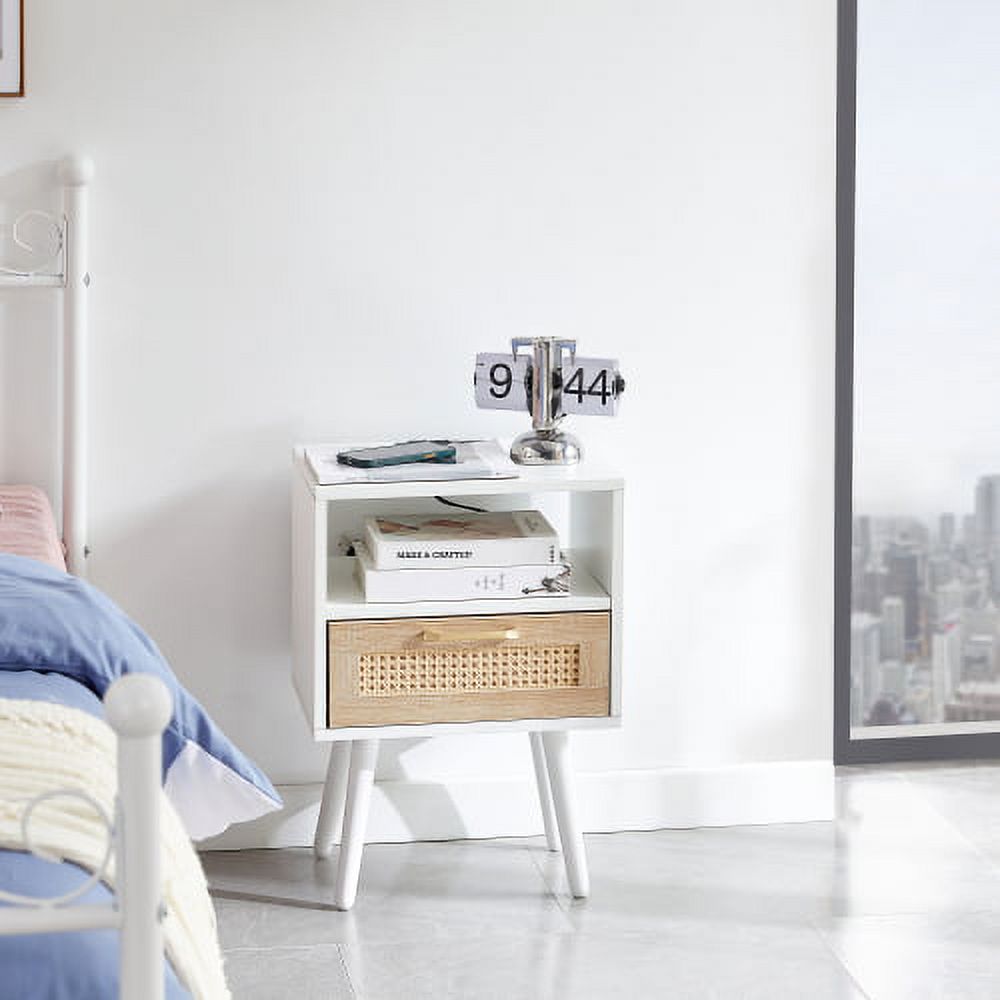 15.75" Rattan Nightstand, Modern Bedside Table with Power Outlet and USB Ports, End Side Table with Drawer and Solid Wood Legs for Living Room, Bedroom, White