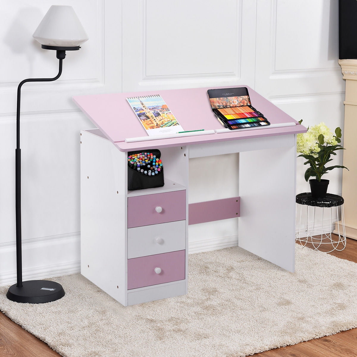 Costway Adjule Top Drawing Desk Drafting Table Workstation Departments