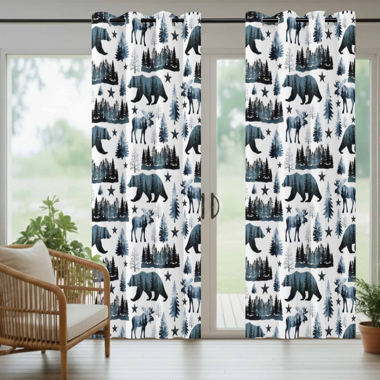 Grizzly Bear Outdoor Curtains for Patio, Country Forest Dark Green Beige Animals Pine Trees Star Sunshade Privacy Drapes Grommet Waterproof Outside Curtains for Porch/Cabana/Balcony 54"x108", 1 Panel