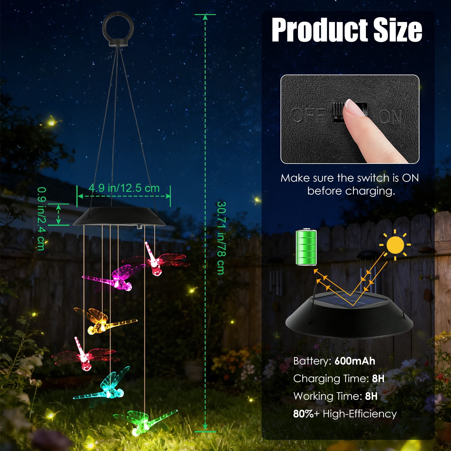 2PCS Solar Dragonfly Wind Chimes Color Changing LED Light IPX4 Waterproof Hanging Decor for Garden Patio Yard