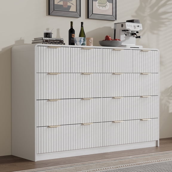 HOUROM Fluted Dresser for Bedroom, 10 Drawers Dresser, 55" Wide Modern Chest of Drawers with Metal Handle, White