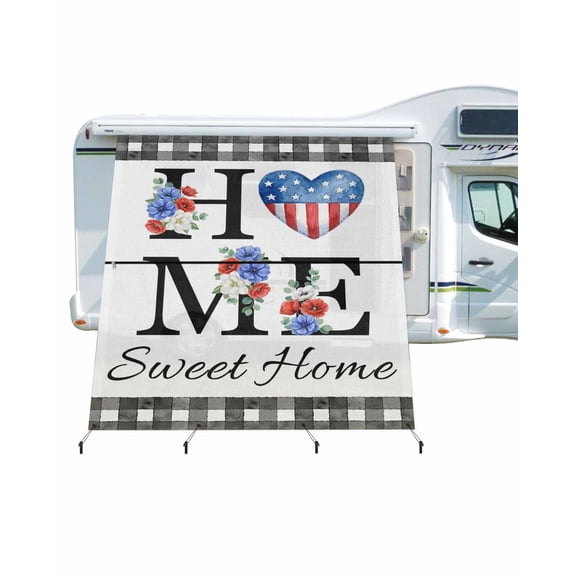 4th of July RV Awning Sun Shade Screen 9'X7' Sweet Home Mesh Sunscreen Patriotic Heart Poppy Plaid Awning Shade Screen with Zipper UV Blocker Completed Kits Outdoor Canopy for RV Motorhome Camper