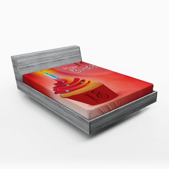 Ambesonne Party Fitted Sheet, Cupcake Candles 18, Queen Size, Hot Pink Red and Orange