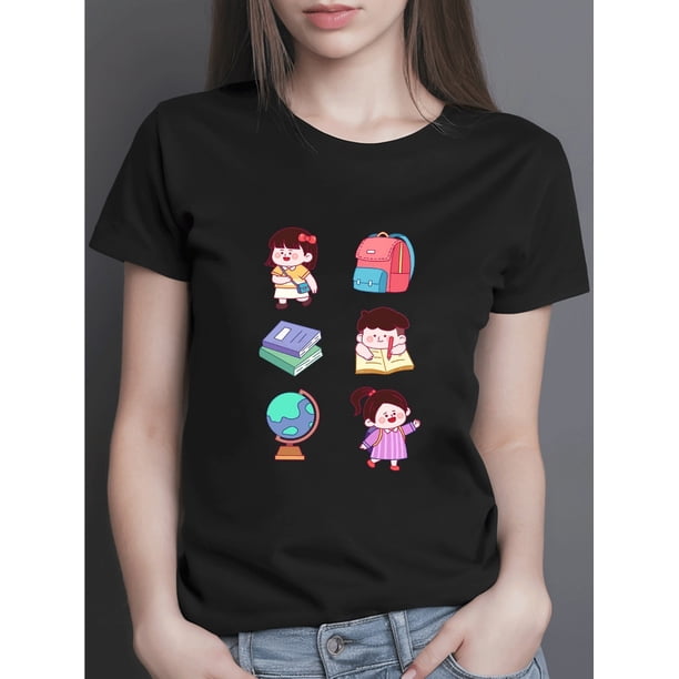 Girls' School-Themed T-Shirt - Soft Knit Light Grey Top with Cute Book, Pencil Box, Globe & Pastel Characters - Back-to-School outfit - Machine Washable everyday Learning apparel