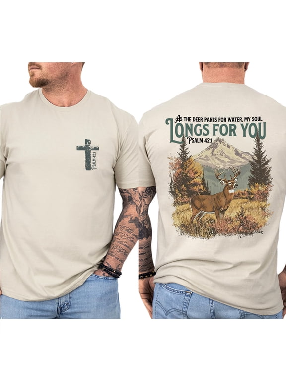 Mens Christian Double Sided Shirt Faith-Based Deer Hunter Tee for Guys & Dads, Religious Outdoor Graphic Shirt, Christian Baptism Gift for Men