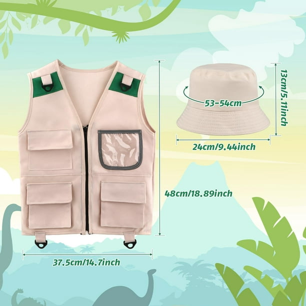 Unittype 3 Sets Kids Safari Costume Explorer Safari Cargo Vest Hat Set  Outfit Costumes Paleontologist Dress up Outdoor Boy (Green and Beige)