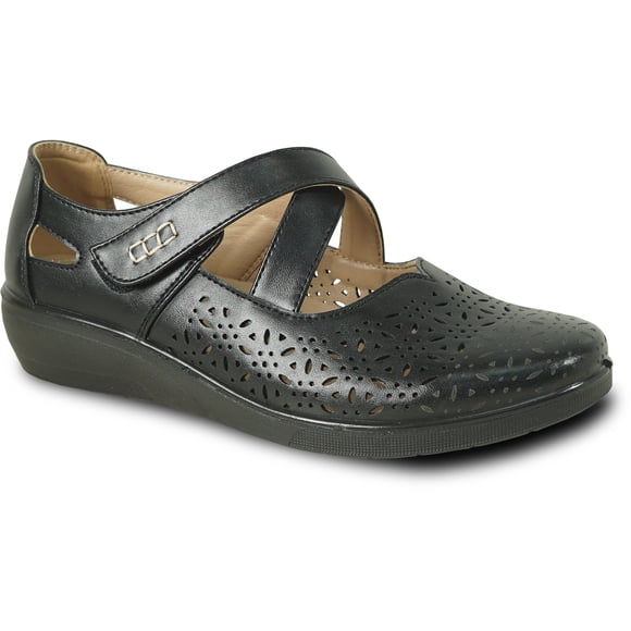 kozi Women Comfortable Casual Shoe Wedge Mary Jane OY3230 with Round Toe Velcro Strip Closure Removable Insole Black Bronze
