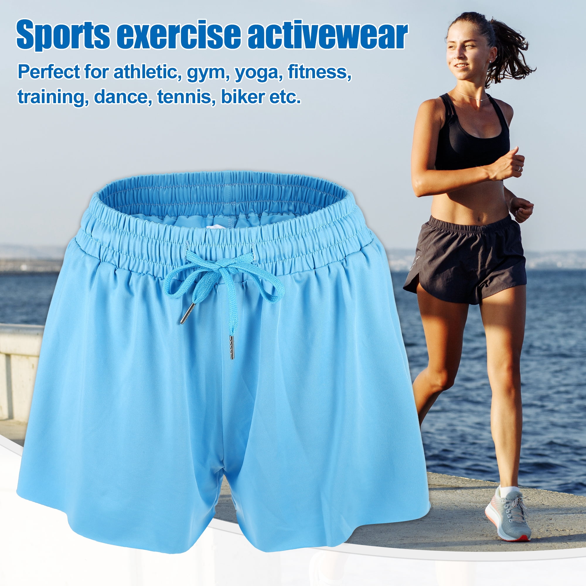 Unique Bargains Women Flowy Running Shorts Casual High Waisted Workout Shorts Blue Size M