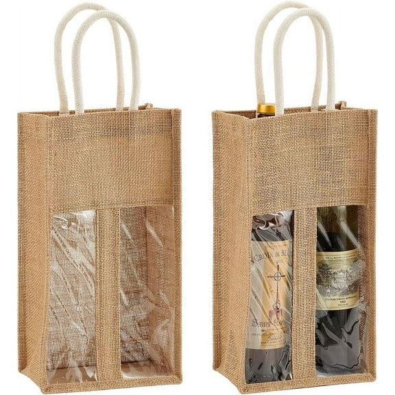 2 pcs 2 Pack Burlap Wine Bottle Bags Double Wine Bag with PVC Clear Window 2-Slot Rectangle Linen Wine Storage Bags with Handle Jute Wine Tote for Wedding Birthday Blind Tastings Travel Party for diy
