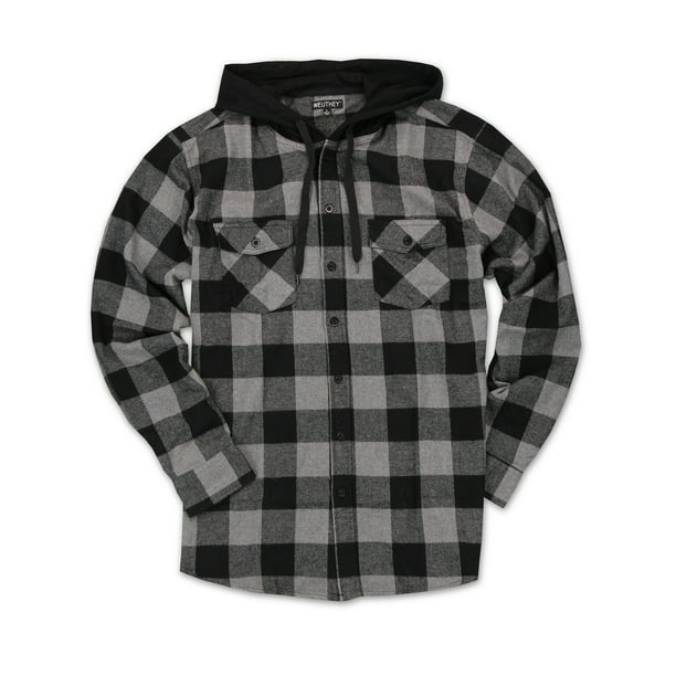 Men's Buffalo Plaid Hooded Flannel Shirt (Black/Grey, X-Large)