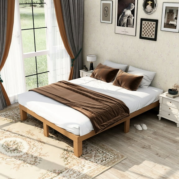 Brown white Queen Platform Bed - Strong Support Legs, Easy Assembly Size Solid Wood Construction, No Headboard/