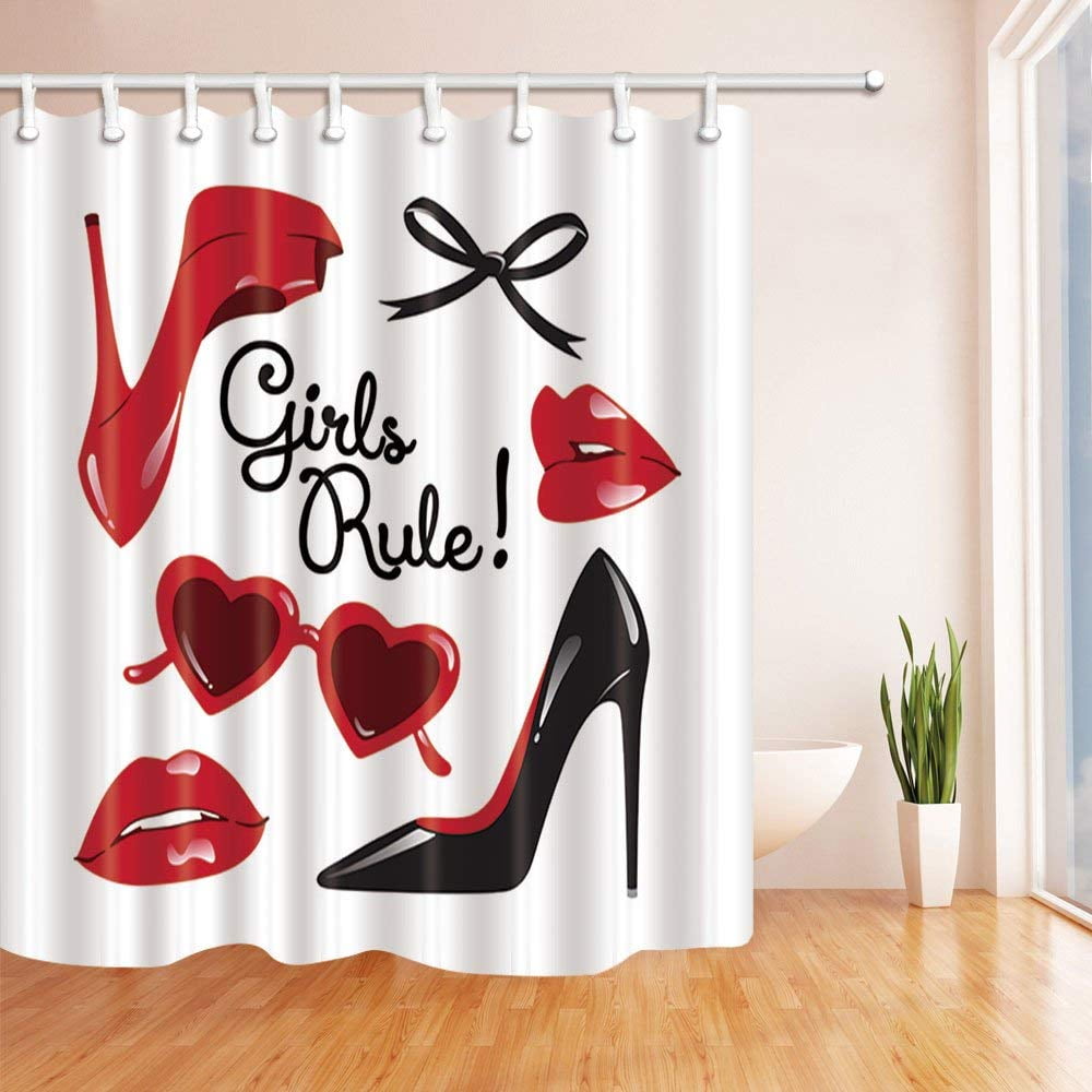 Hand Drawn Lady Pink High Heel Shoes Fabric Shower Curtain Set Bathroom Decor