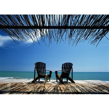 Patio And Decking Designs Two Chairs On Deck By Ocean Shaded By Grass Roof Canvas Art - Ian Cumming Design Pics (18 x 13) ()