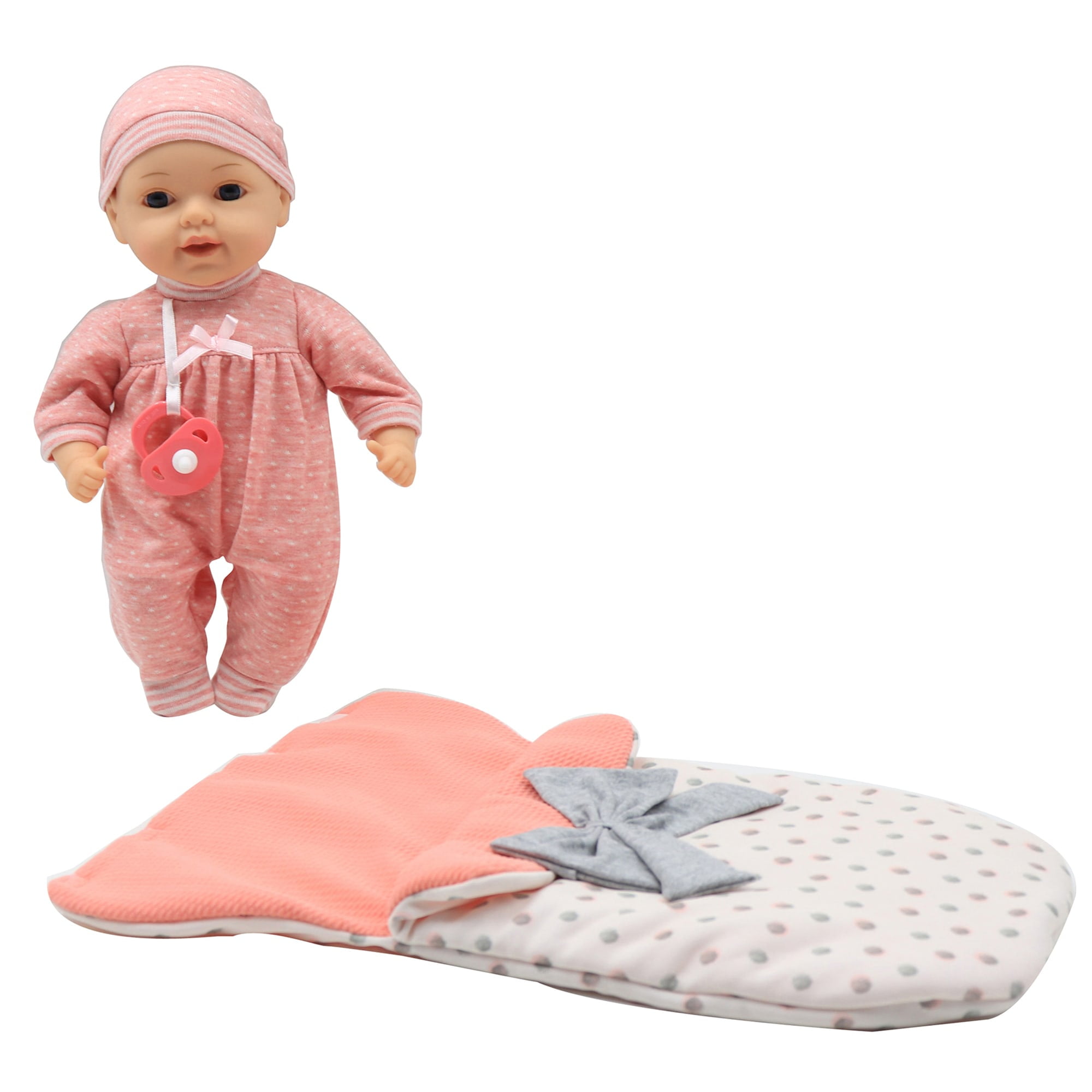 Dream Collection: My Dream Baby - 13" Bunting Baby Doll - Peachy Pink-Gray Outfit, Soft Sleeping Bag, Toy Pacifier, Hard Body, Nap Time Play, Kids 2+