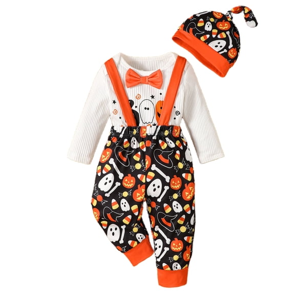Afdoent Toddler Boy Halloween Outfit Hallowmas Cartoon Prints Long Sleeve Romper Suspenders Pants Hat 3Pcs Outfits Clothes Set Hallowmas 12-18 Months