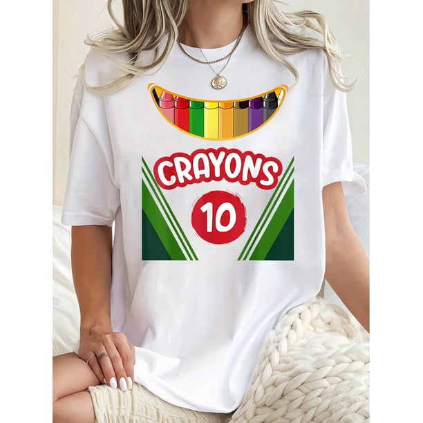Camiseta de manga corta para mujer transpirable Moda de veranoWomen'S Crayons Graphic Print T-Shirt, Casual Crew Neck Short Sleeve Tee, Comfortable Polyester Knit Fabric with Medium Stretch, Geometr