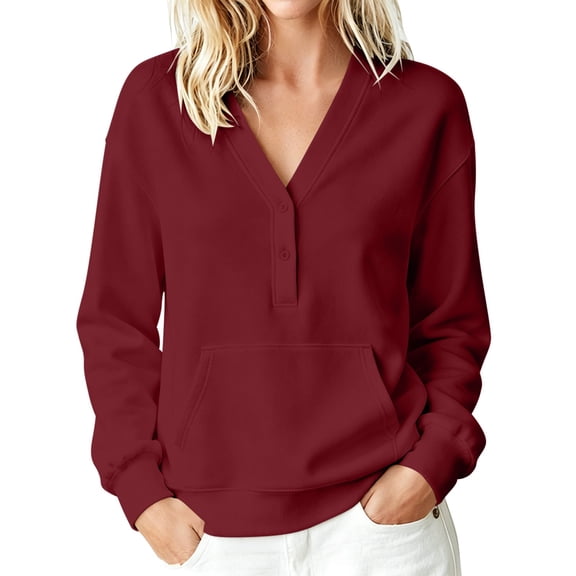 cocolona Womens Button Down Solid Color Sweatshirt V Neck Long Sleeve Cinched Hem Pullover Tops with Pocket