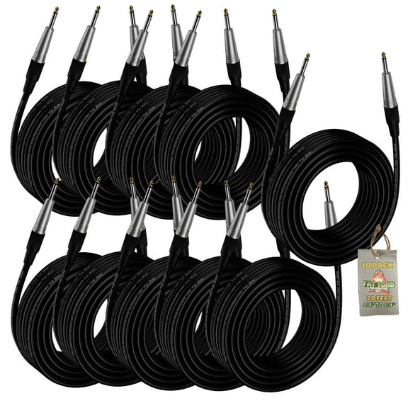 Guitar Cables (10 Pack) Instrument Cord by Fat Toad 24 AWG Patch Conductor for Electric Guitar, Bass, Amplifier, Speaker, Keyboard & Recording Studio Shielded 20FT 1/4 Inch Gold Straight-End Wires