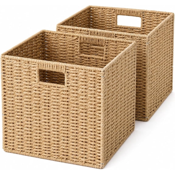 13x13x13 Inch Wicker Storage Basket Set of 2, Handwoven Storage Cube Bins with Handle for Shelves, Foldable Wicker Organizer Basket for Bedroom, Laundry, Livingroom