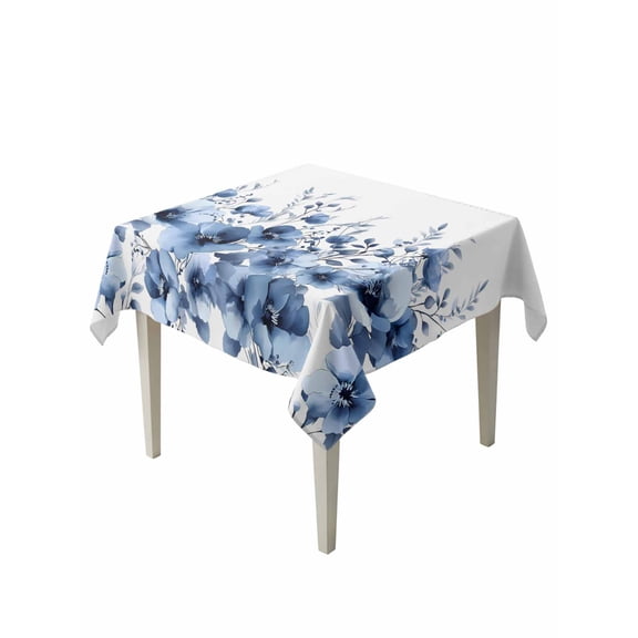 Blue Blooms Floral Table Cloth, Waterproof Tablecloth for Square Tables, Farmhouse Spring Flowers Botanical Reusable Washable Fabric Table Cover for Restaurant Kitchen Dining Tables 60"x60"