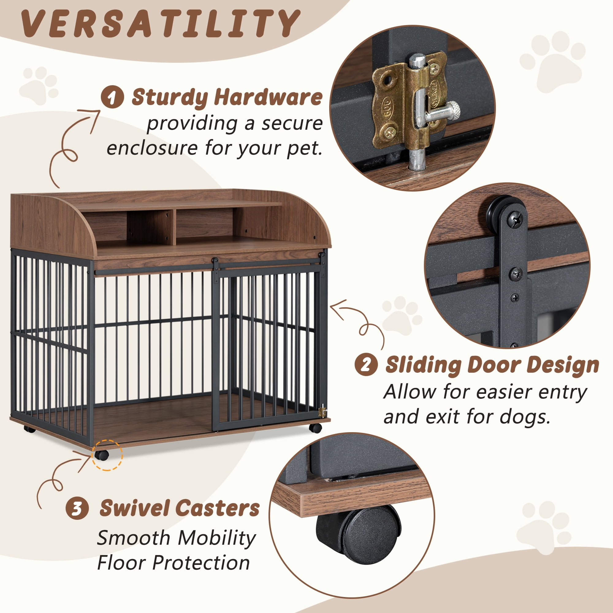44'' Heavy Duty Large Dog Crate for Large Medium Dog with Lockable Wheels, Wooden Dog Crate Dog Kennel, End Table Crate with Double Layer Storage