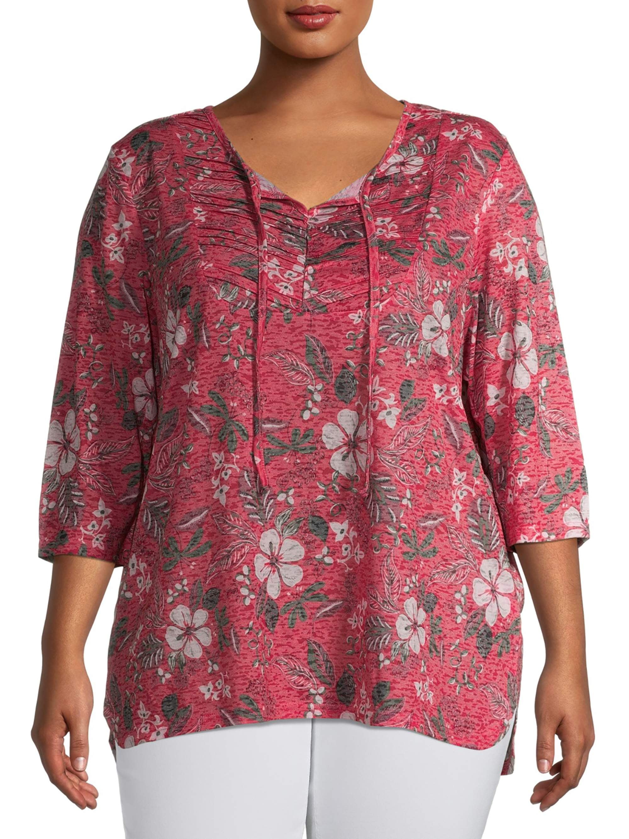 Erika Women's Plus Size Frieda Floral Quarter Sleeve Peasant Top